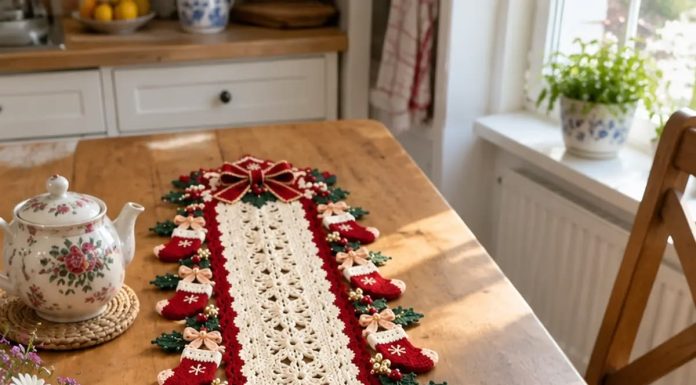 Crochet Christmas Table Runner with Mini Stockings
